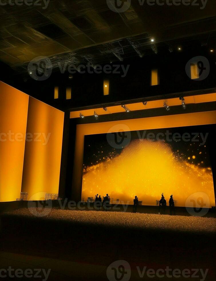 large screen display at business event, night in large room with illuminated yellow and orange lights illustration photo