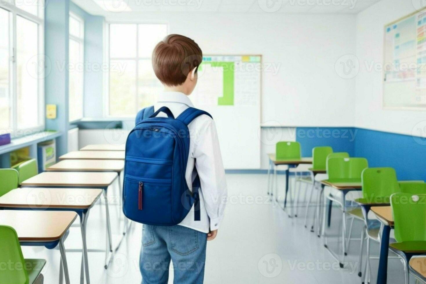 Back view of a schoolboy with a backpack standing in the classroom.  AI Generative Pro Photo