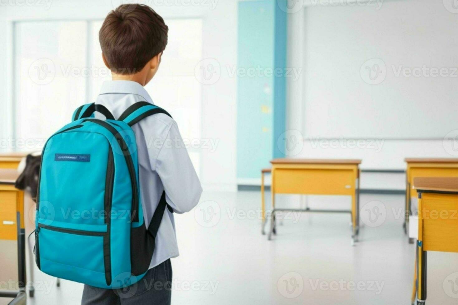 Back view of a schoolboy with a backpack standing in the classroom.  AI Generative Pro Photo