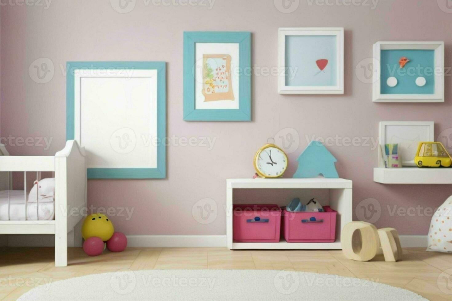 Interior kid's room and wall frame.  AI Generative Pro Photo