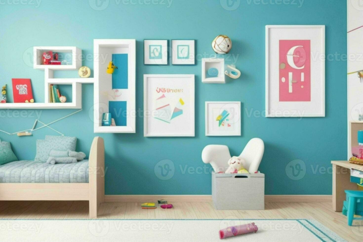 Interior kid's room and wall frame.  AI Generative Pro Photo