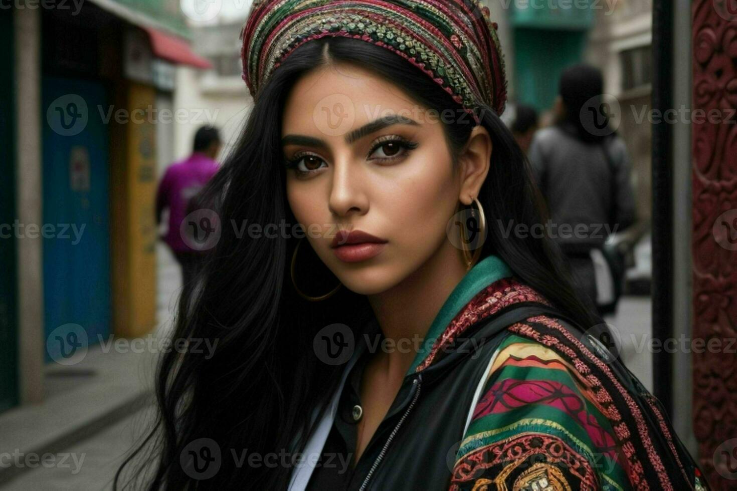 Portrait of a woman in streetwear on the street.  AI Generative Pro Photo