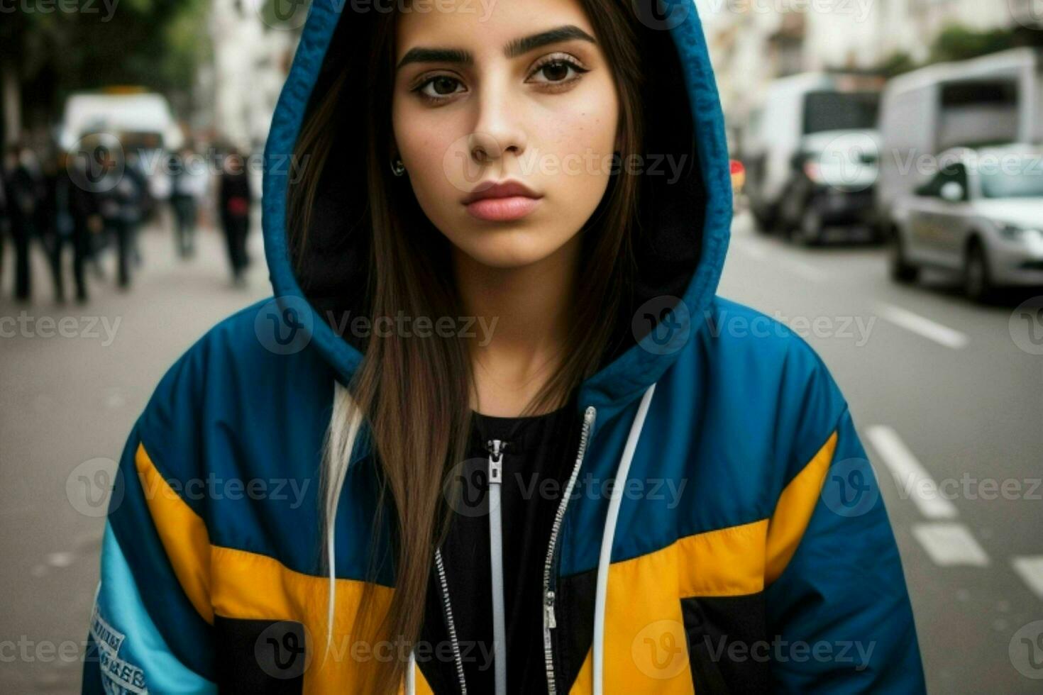 Portrait of a woman in streetwear on the street.  AI Generative Pro Photo