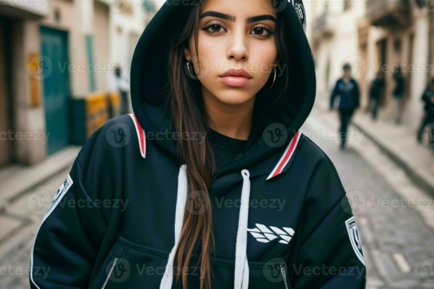 retrato de un mujer en ropa de calle en el calle. ai generativo Pro foto