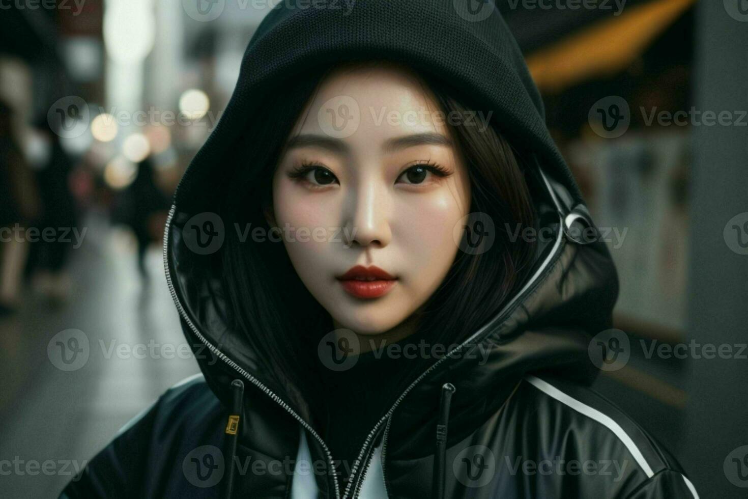 Portrait of a woman in streetwear on the street.  AI Generative Pro Photo