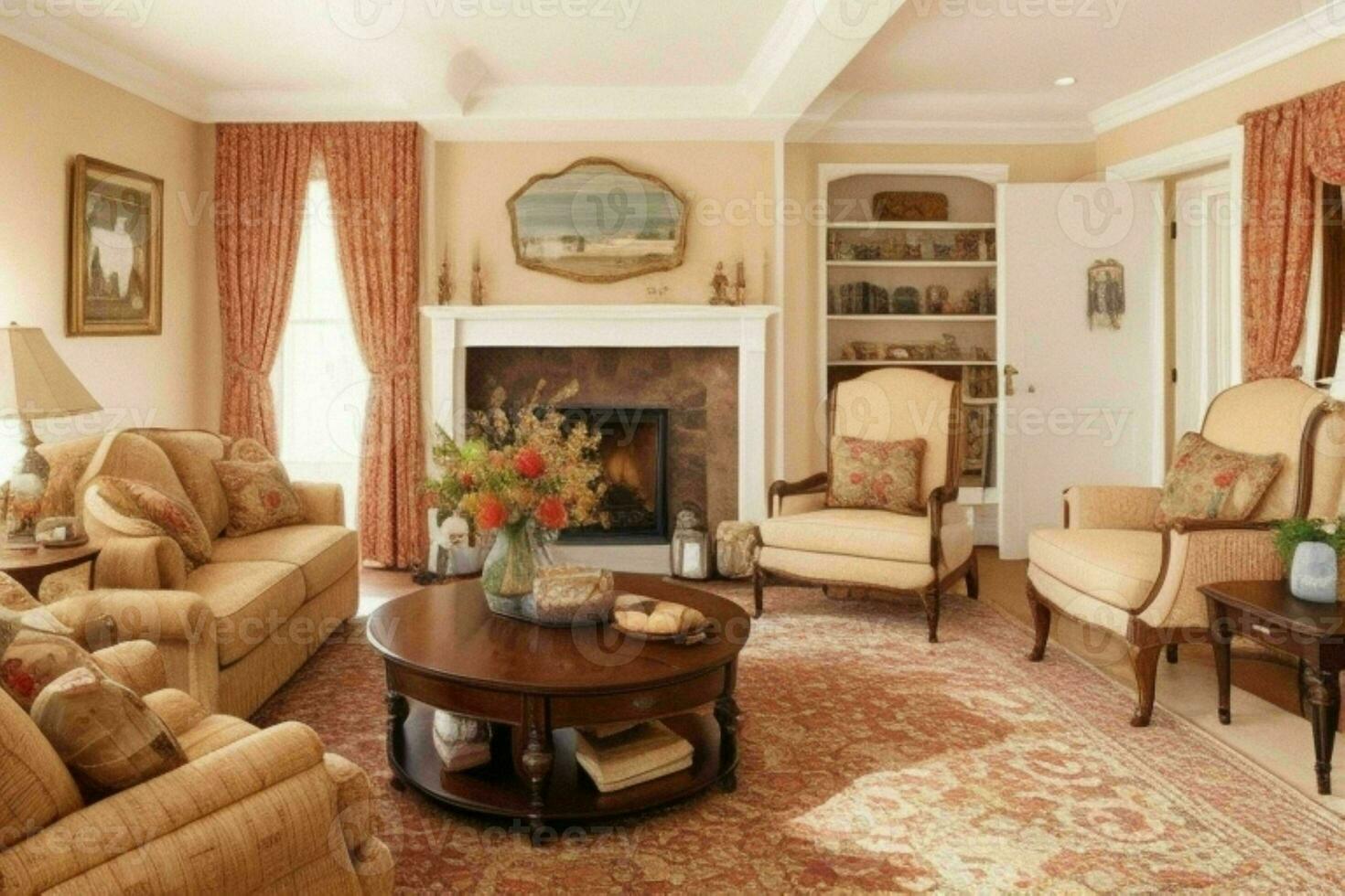 Traditional Living Room Style home interior.  AI Generative Pro Photo