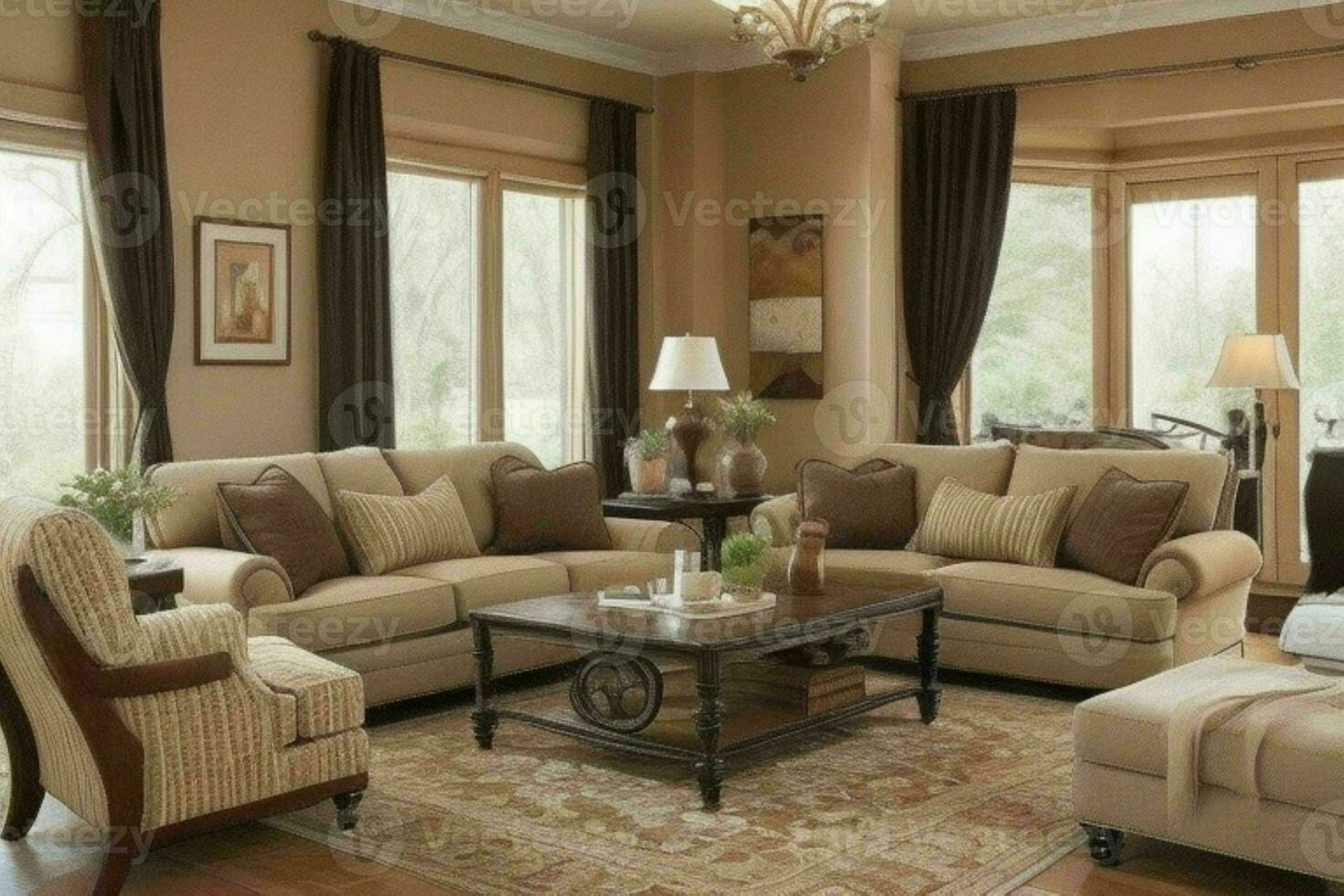 Traditional Living Room Style home interior.  AI Generative Pro Photo