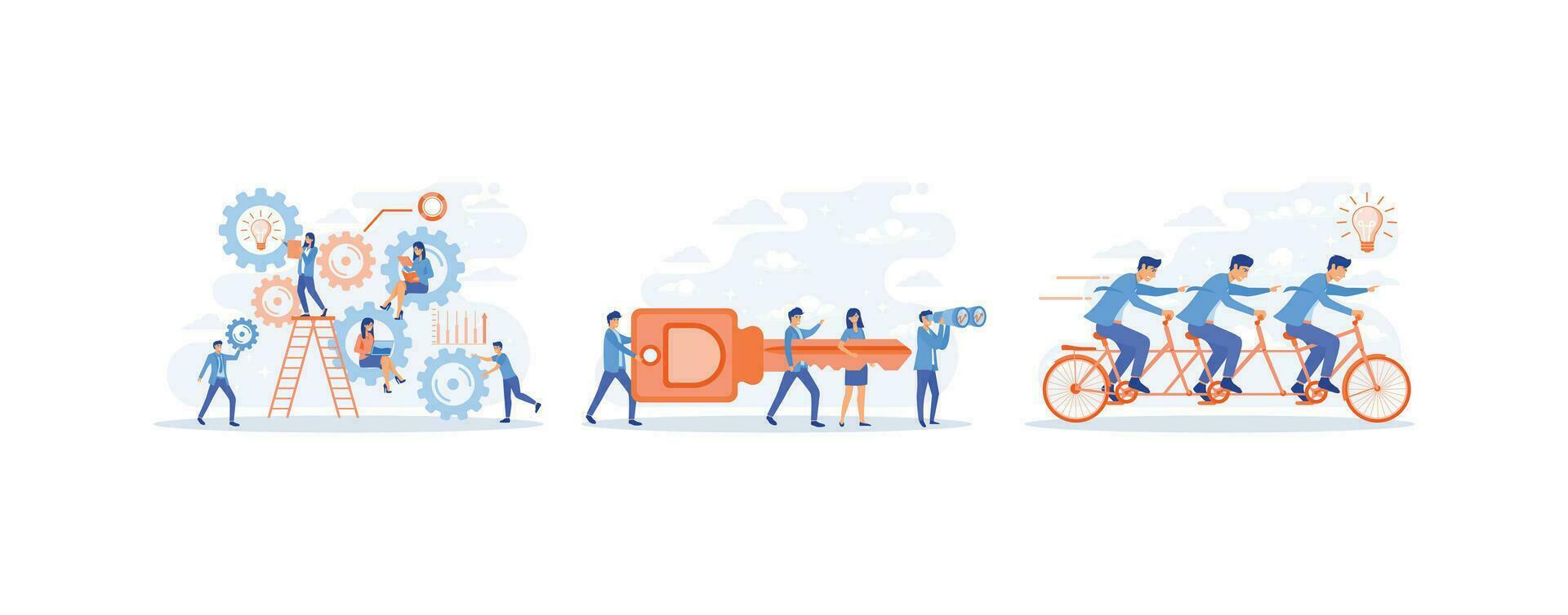 Business people working together in team, Businessman and entrepreneur go to the door with a key,  Business Team Riding Tandem Bicycle,  set flat vector modern illustration