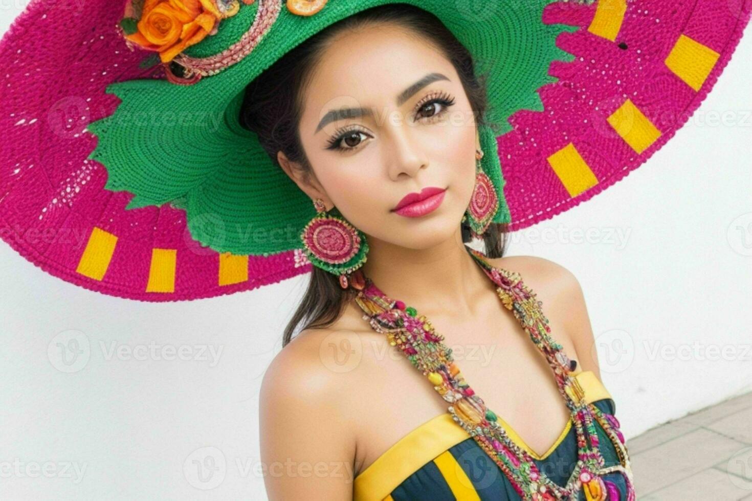 Portrait of a fashionable beautiful woman in traditional clothes wearing a hat.  AI Generative Pro Photo