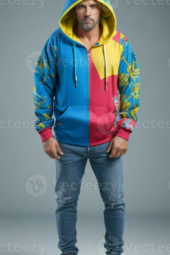 a man in a colorful hoodie.  AI Generative Pro Photo