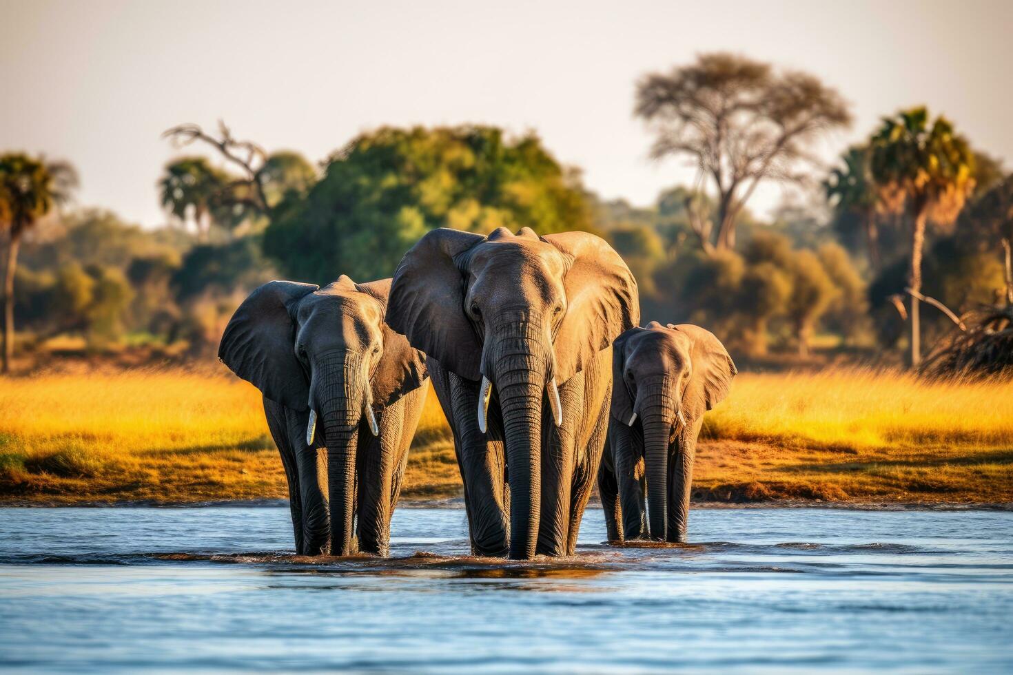 Elephants in Chobe National Park, Botswana, Africa, Elephants bathe in the river, Chiang Mai, Thailand, AI Generated photo