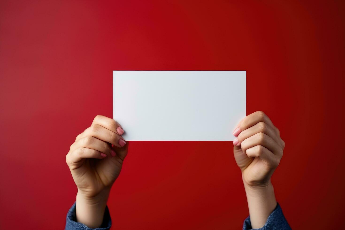 Closeup on female hands holding a blank business card over red background, Empty card in woman hand. Copy space. American flag background, AI Generated photo