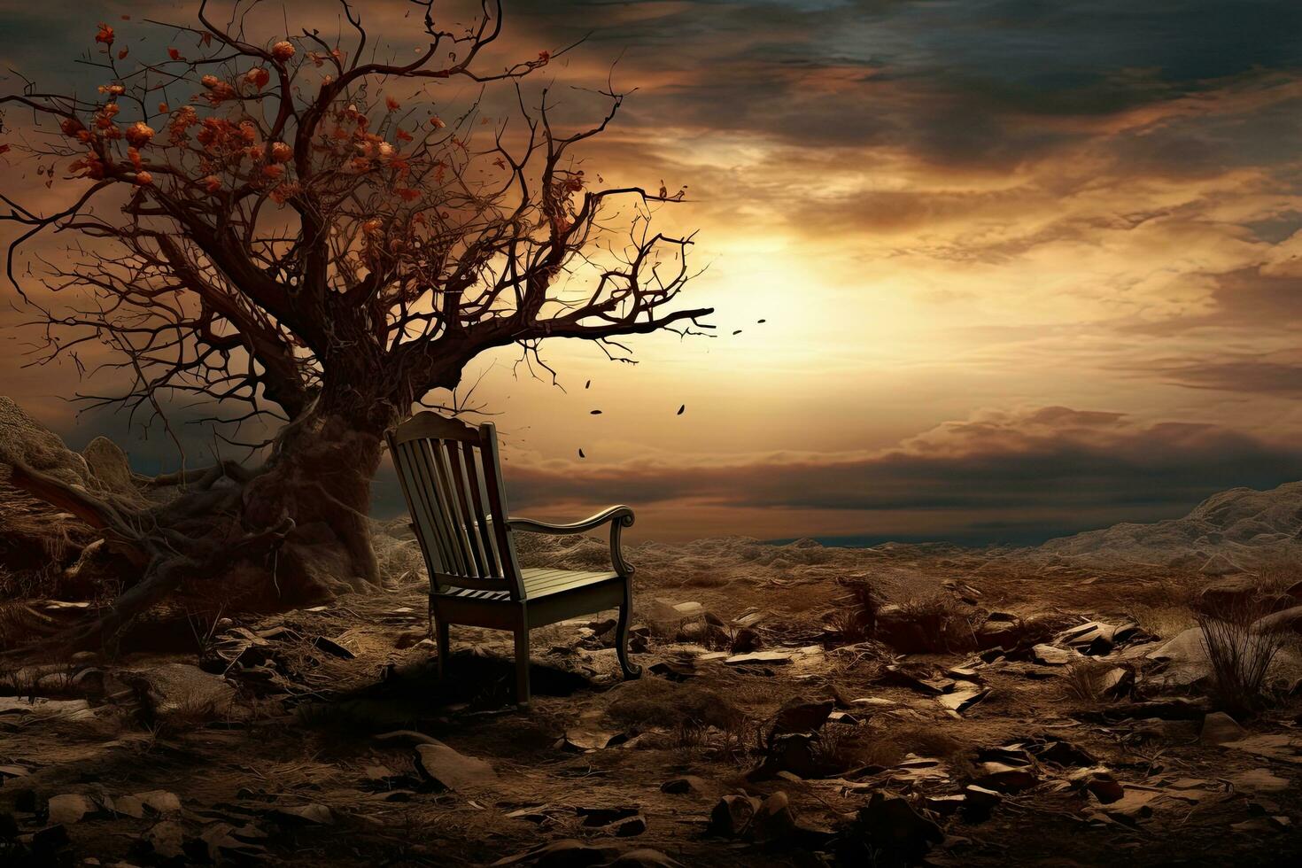 Autumn landscape with a lonely chair and a tree. 3d render, end of the life, AI Generated photo