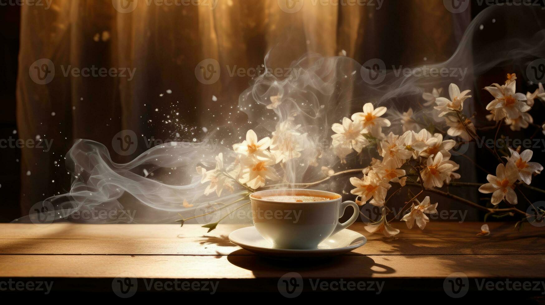 magic photo. A cup of coffee by the window and flowers photo