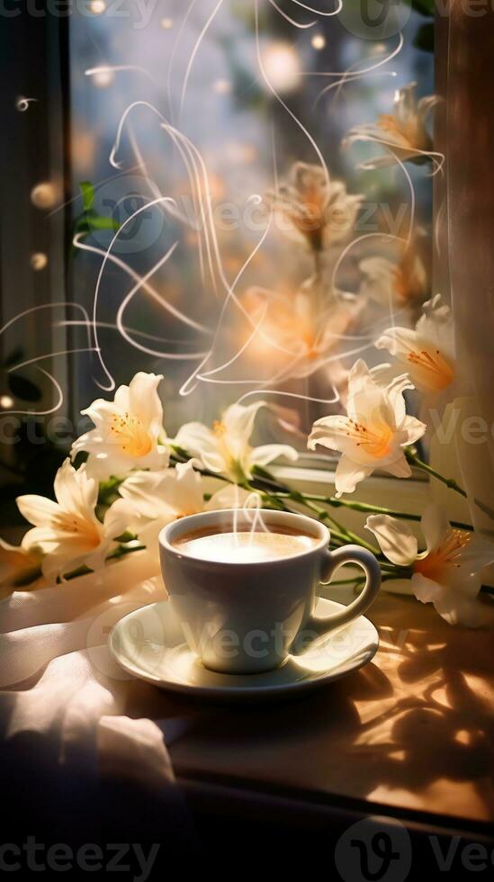magic photo. A cup of coffee by the window and flowers photo