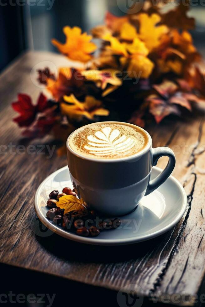 un taza de café, capuchino en un mesa en un cafetería. vela, acogedor foto