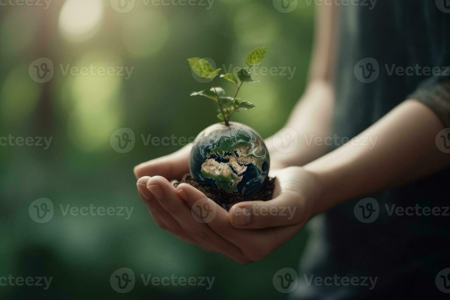 Hands hold a ball of ground, earth with a green sprout of the plant. The concept of nature, ecology, peace. Generative AI photo