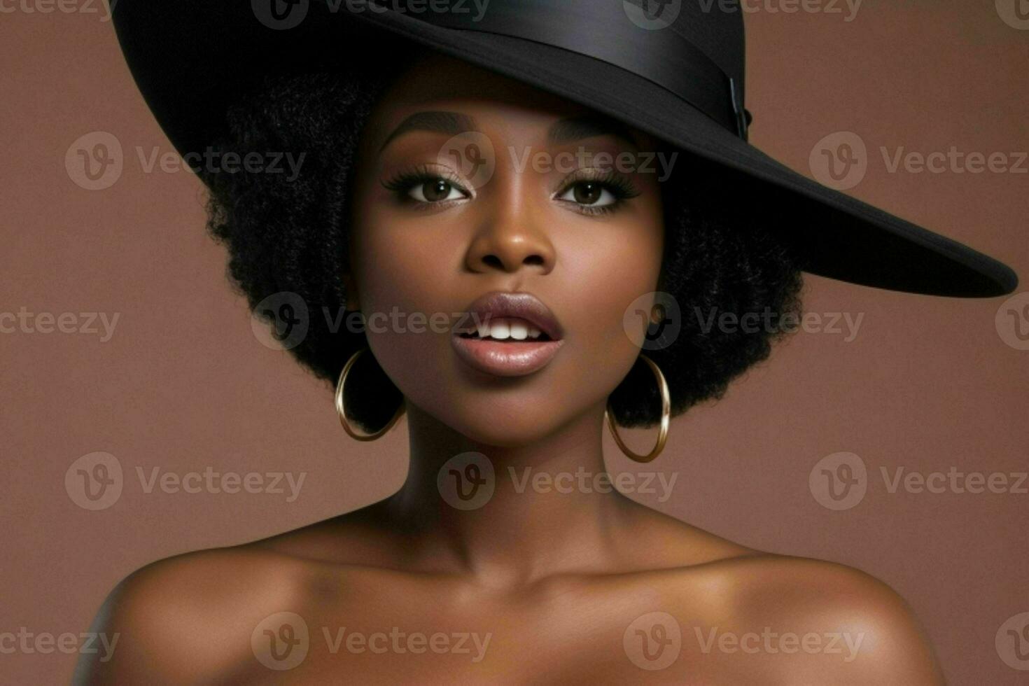 beautiful Woman with a hat bare shoulders and an open mouth. AI Generative Pro Photo