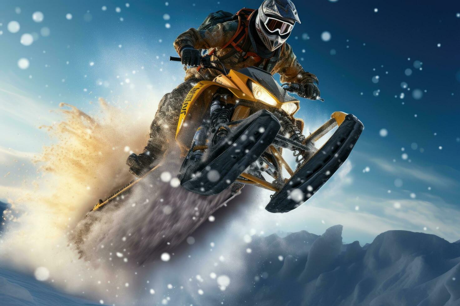Snowmobile rider in action. Extreme winter sport. 3d rendering, Extreme rider jumping with a snowmobile on the snow, Face covered with helmet, AI Generated photo