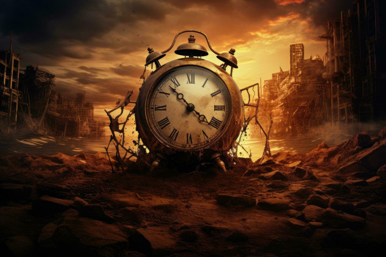 Time is running out of time. Abandoned city at sunset, end of time, AI Generated photo