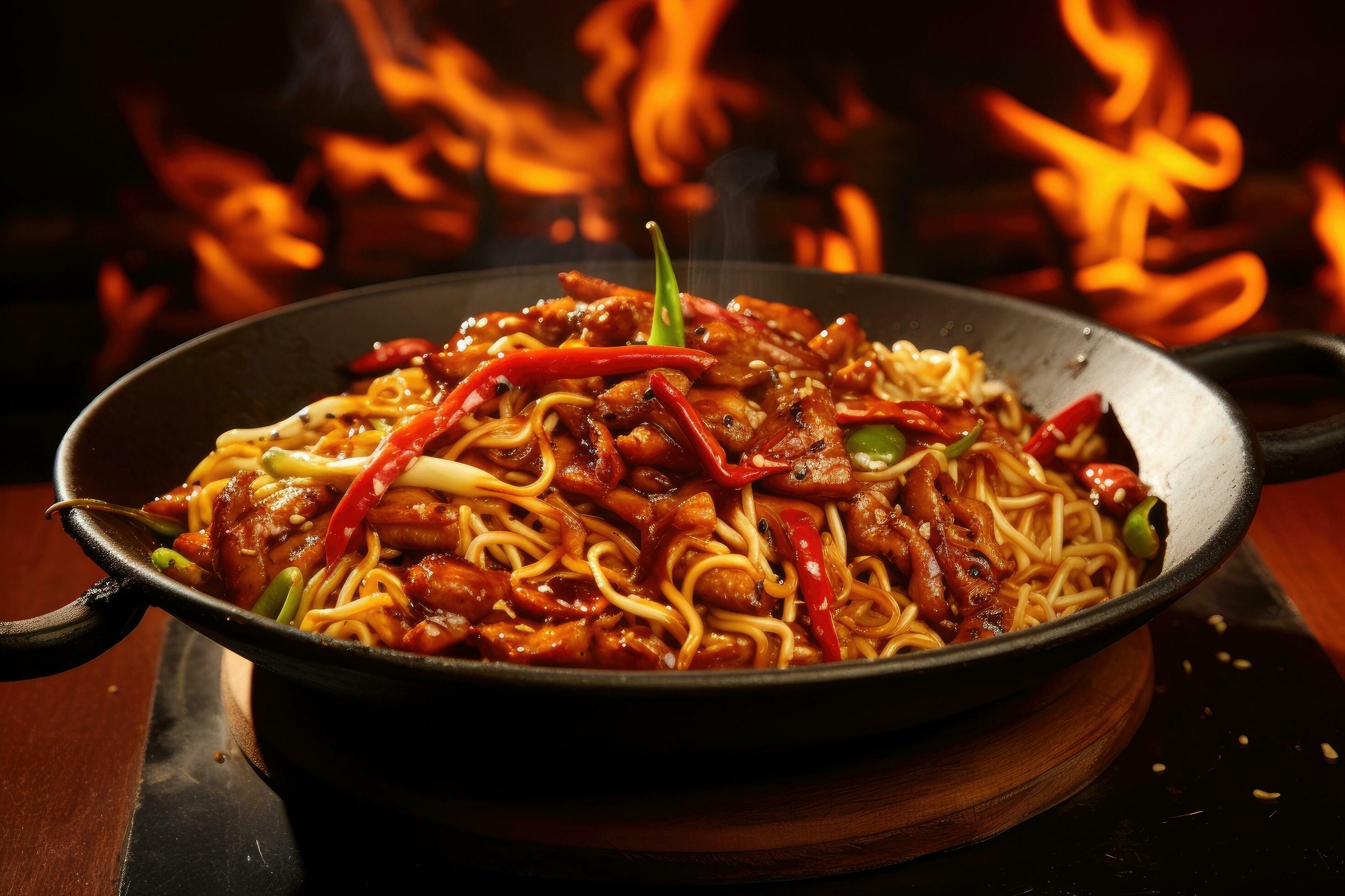Chinese cuisine. Stir-fried noodles with meat and vegetables in a wok