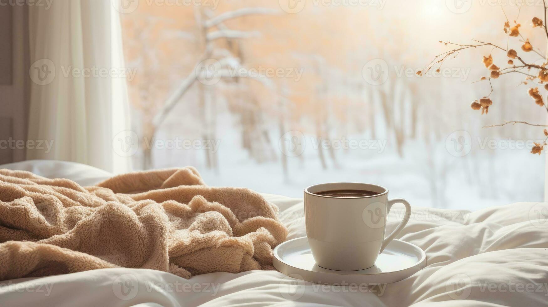 Cozy photo. A cup of coffee, a blanket by the window, winter photo