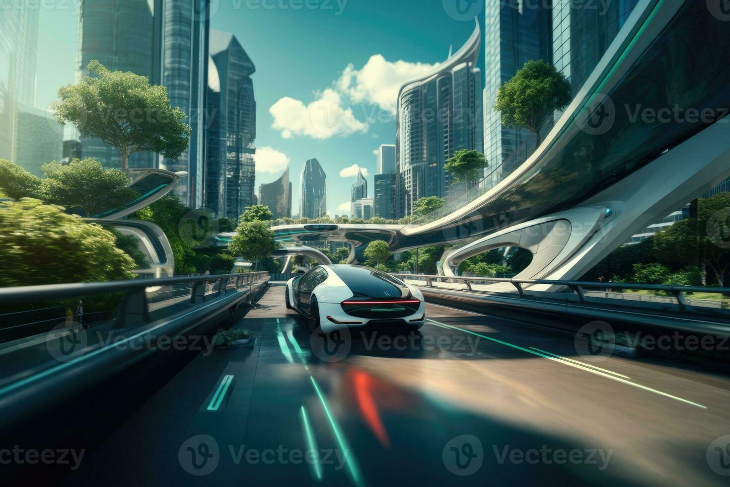 city of the future, Autonomous Self-Driving 3D Car Moving Through City Highway photo