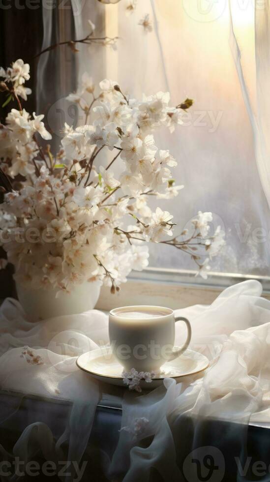 acogedor brillante foto. un taza de café por el ventana foto
