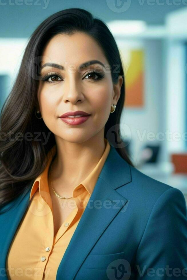 Businesswoman in the middle of a modern office. AI Generative Pro Photo