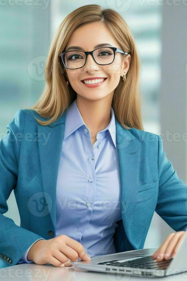 Business Woman With Laptop. AI Generative Pro Photo