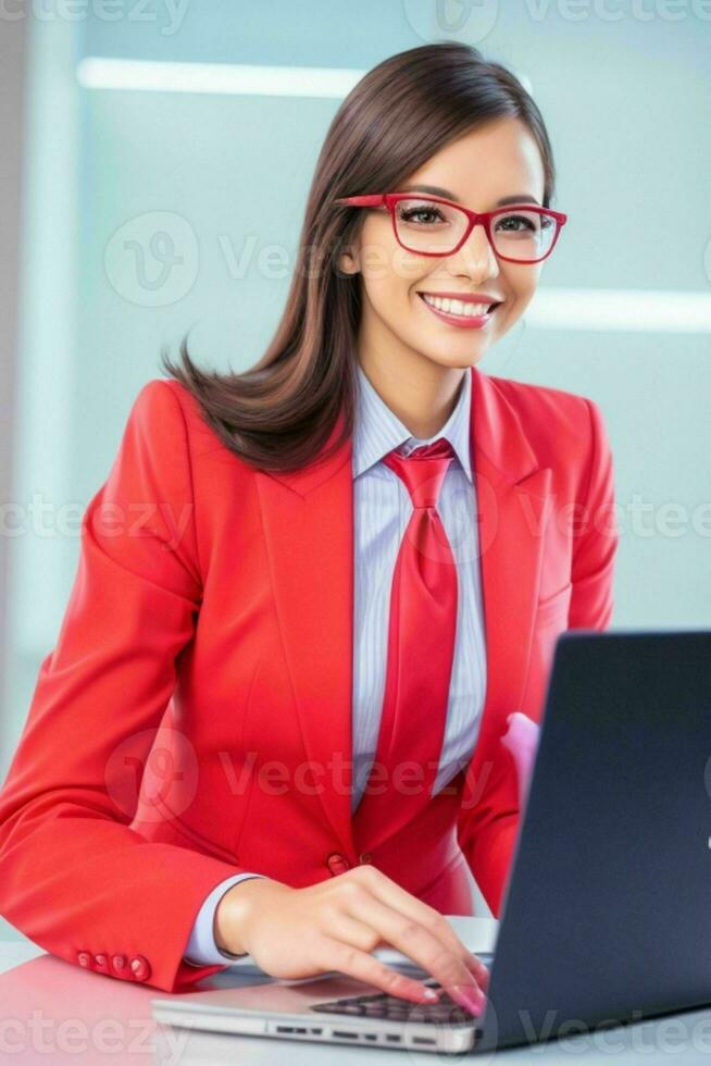 Business Woman With Laptop. AI Generative Pro Photo