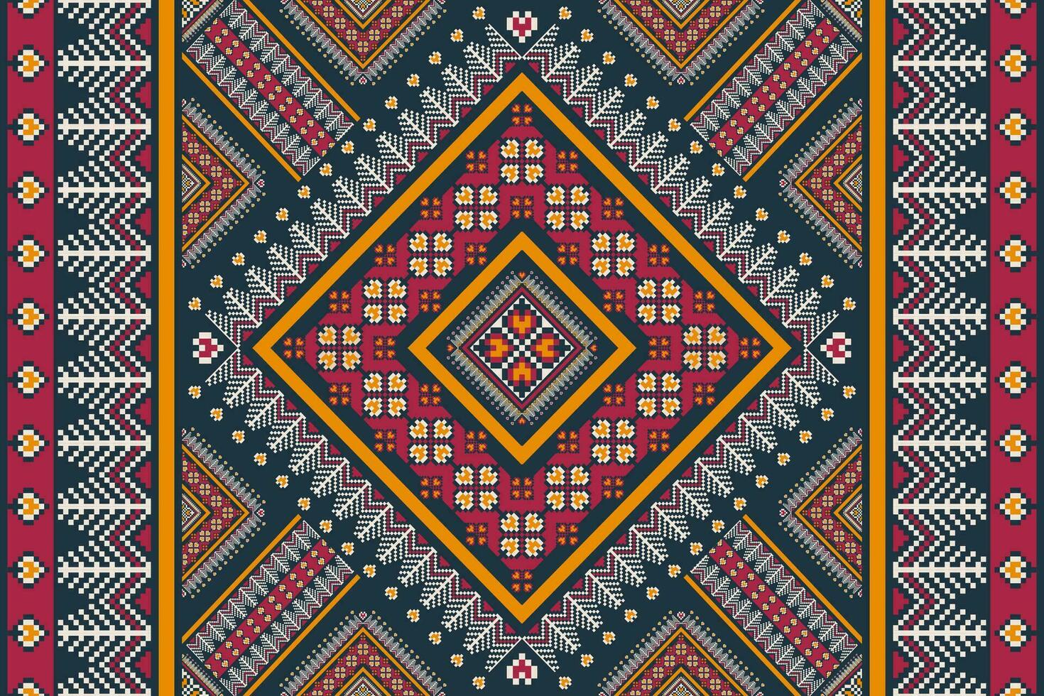 Colorful embroidery ethnic geometric pattern. Geometric floral shape seamless pattern pixel art style. Ethnic geometric stitch pattern use for textile, border, wallpaper, cushion, carpet, etc. vector