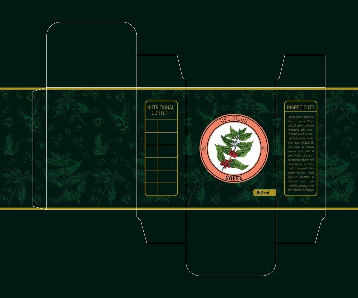 editable vector embalaje modelo para delicioso café caja, verde color, logo y textura con café planta