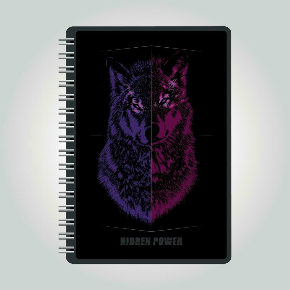 two-color wolf with glowing eyes on black background vector illustration for notebook cover
