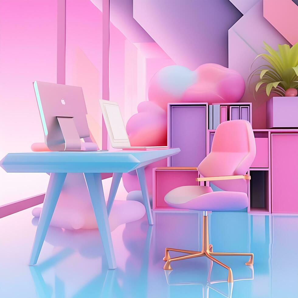 View of 3D Modern desk and chair office comfortable room Illustration photo