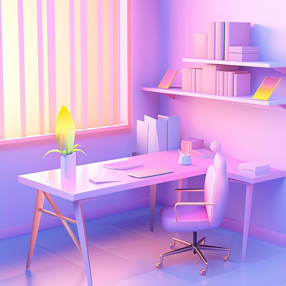 View of 3D Modern desk and chair office comfortable room Illustration photo