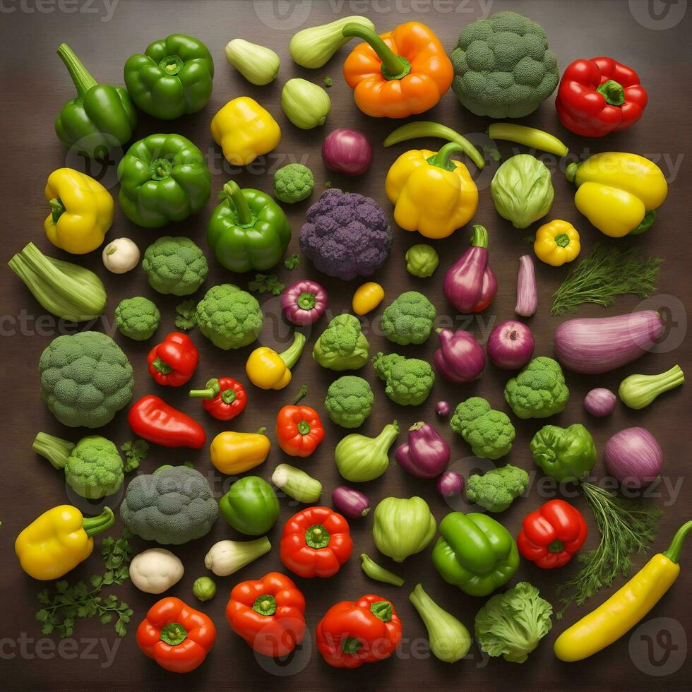 Top view of healthy organic food green vegetables, seeds and herbs on grey background Source of protein for vegetarians by ai generated photo