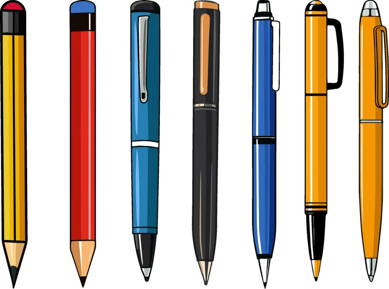 Pens, pencils, markers vector set isolated on green background, ballpoint pens, lead orange point pen with red eraser, flat biro pen and pencil, stationery set drawing cartoon illustration