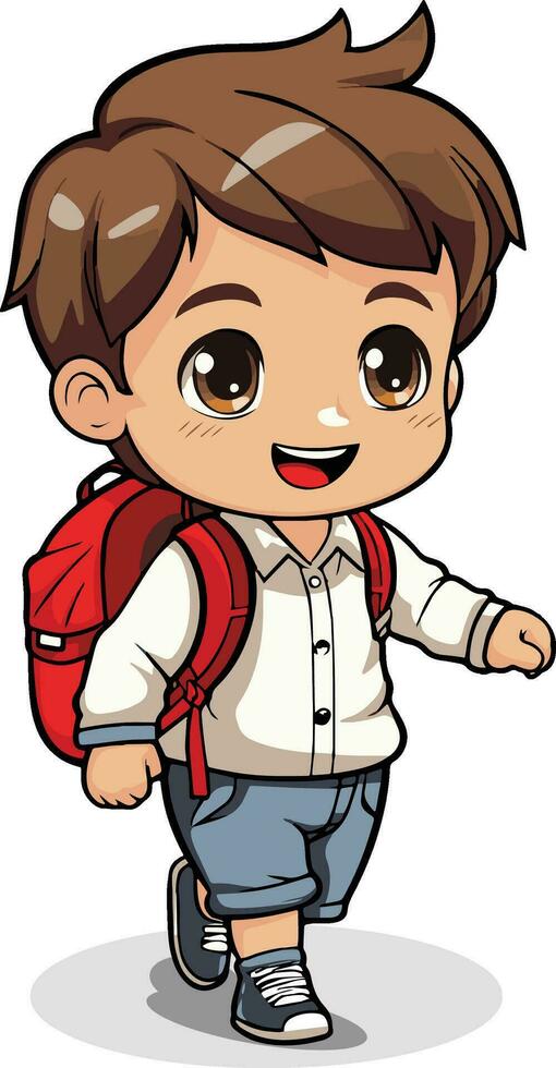 colegial en pie con mochila en su espalda vector ilustración aislado en blanco fondo.pequeño chico con mochila va a regreso a la escuela a colegio concepto