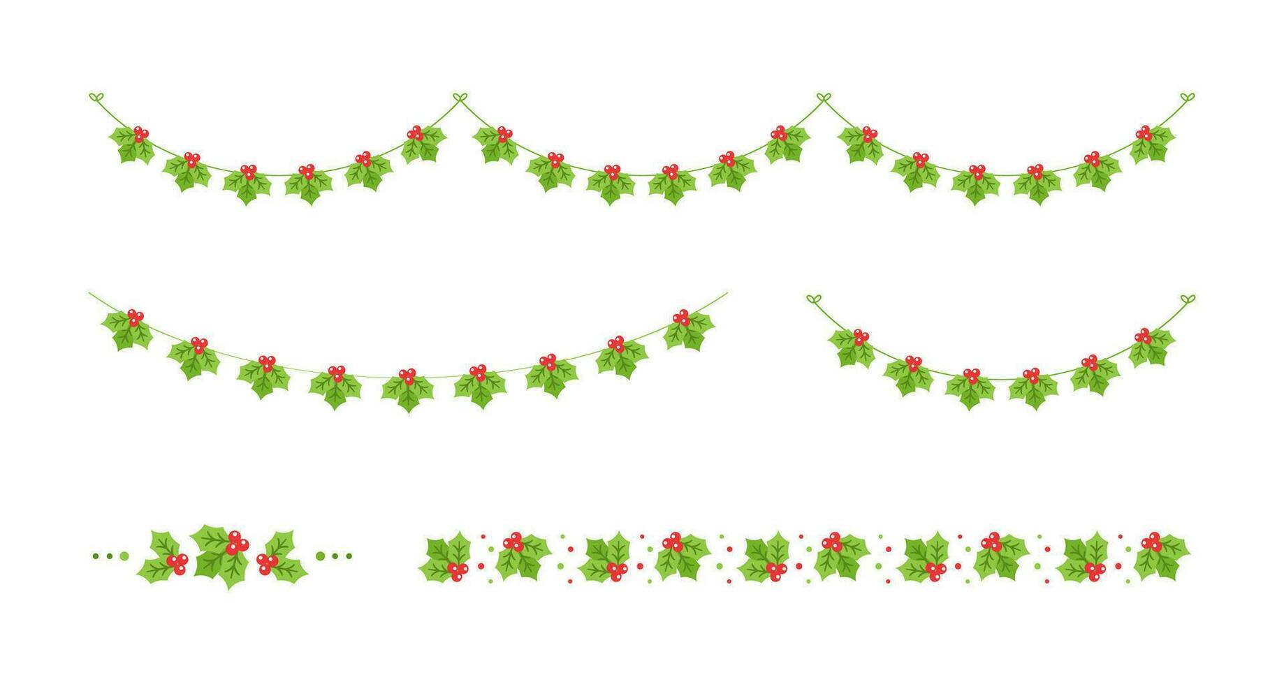 Mistletoe Garland and Borders Vector Illustration Set, Christmas Graphics Festive Winter Holiday Season Bunting