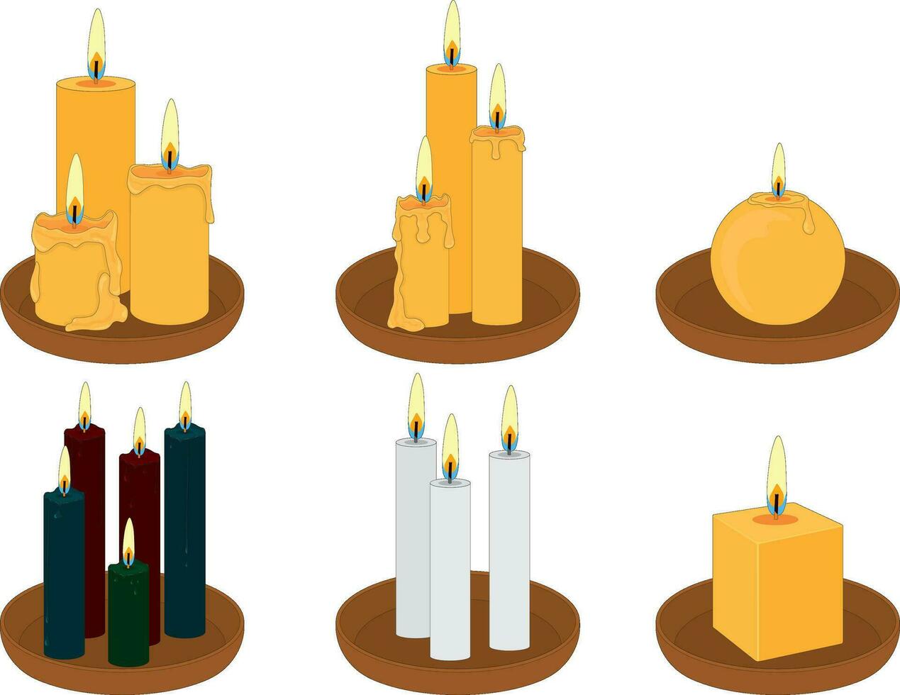 Collection of thin and thick different colour wax candles on clay plates vector illustration