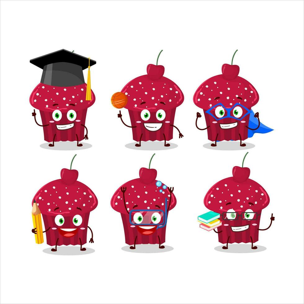 School student of cherry muffin cartoon character with various expressions vector