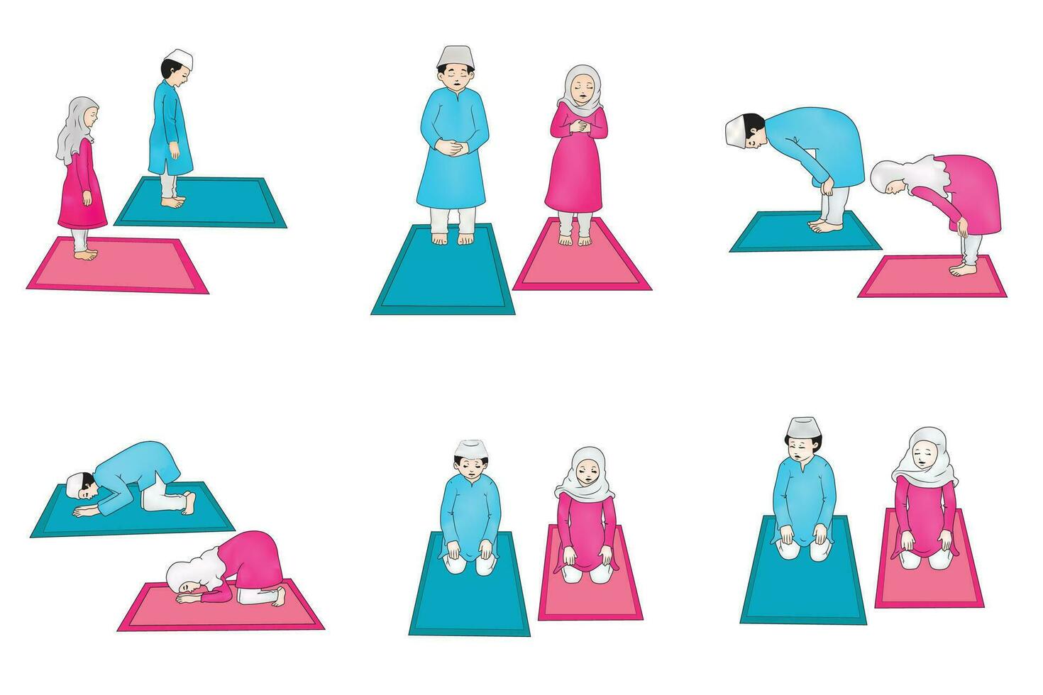 Complete Set of Muslim Prayer Position Guide Step by Step Perform by Boy and Girl Vector Illustration.