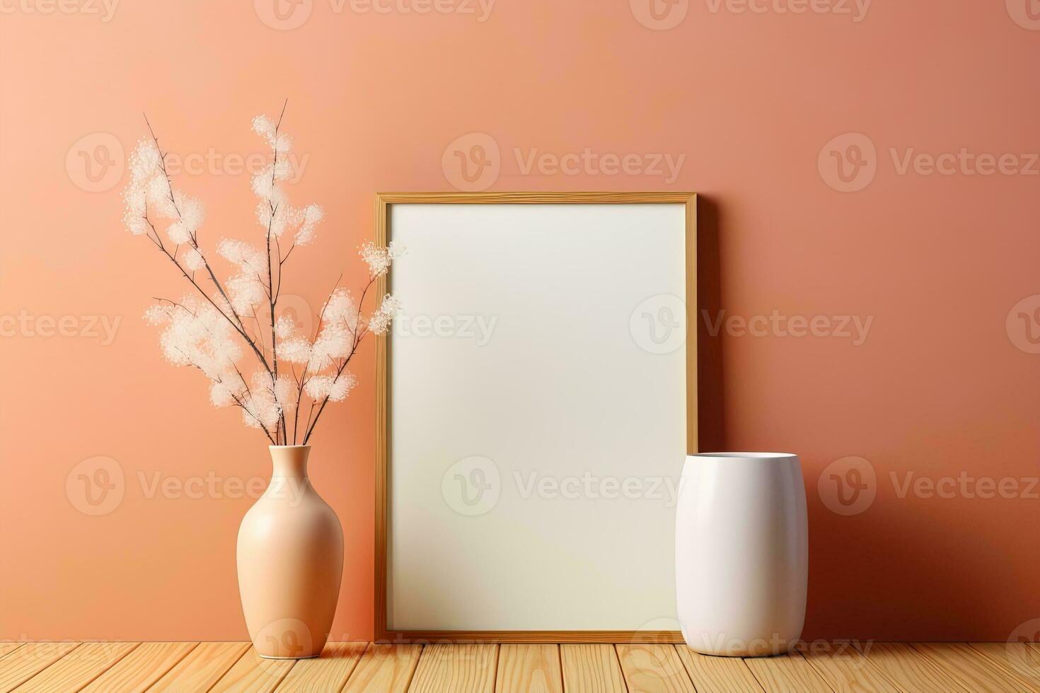 Mockup of blank picture and vase with plant branch on pink wall background photo