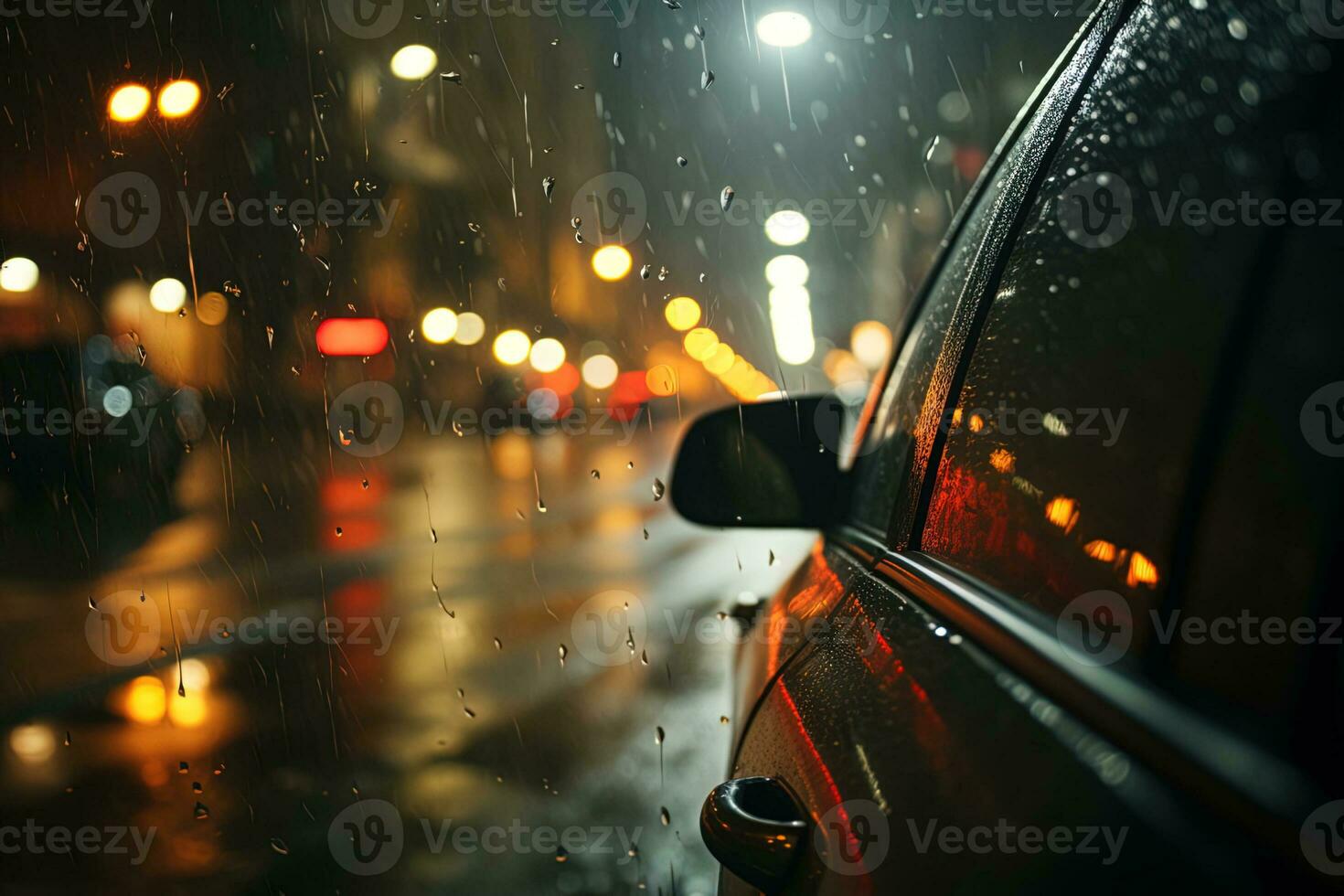 View from behind the car of the street lights of a rainy city at night photo