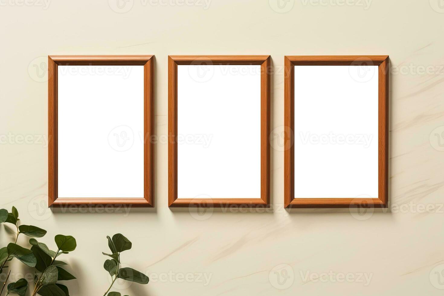Three empty mockup wooden frames on a light beige wall photo