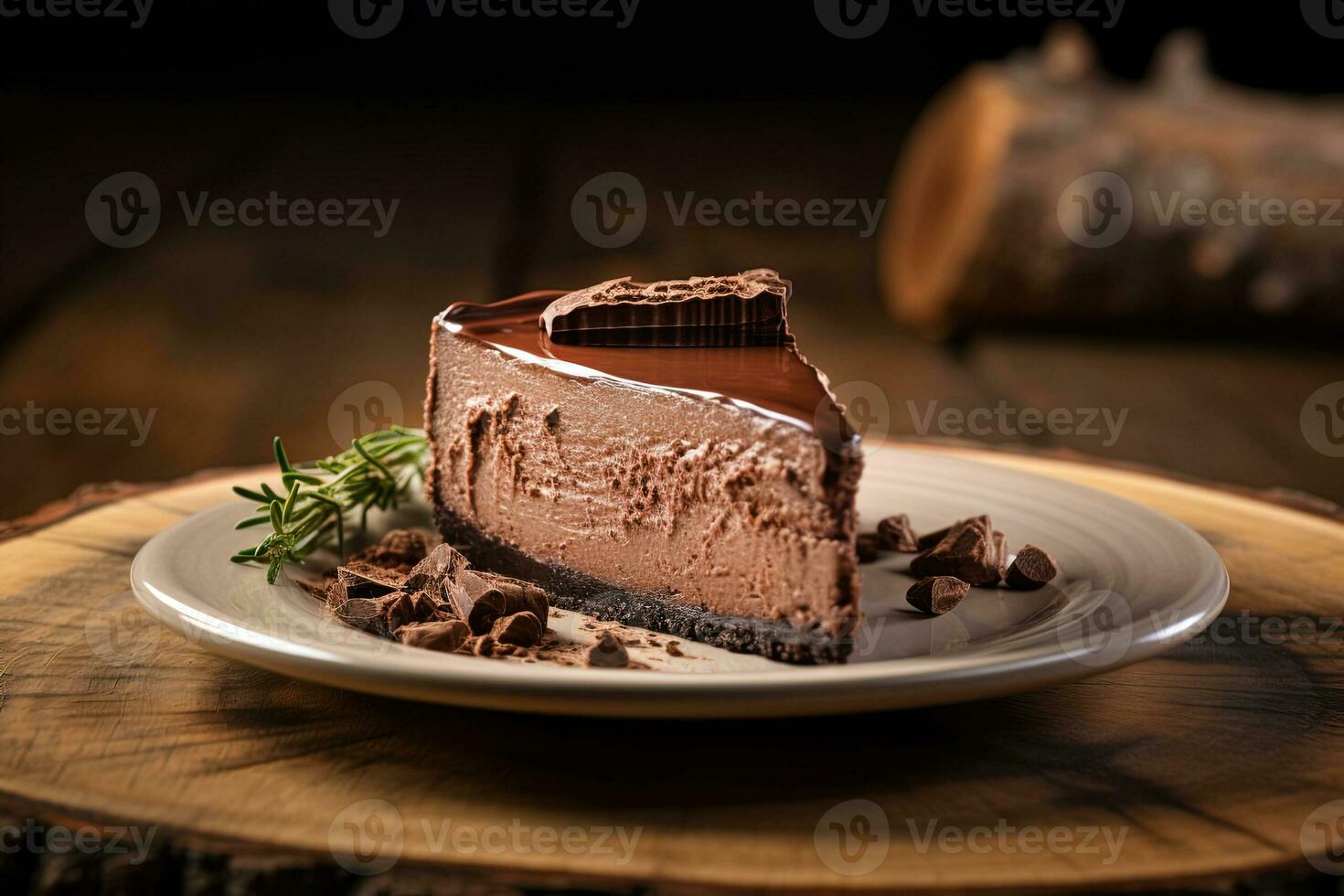 a piece of delicious chocolate cheesecake with chocolate chips on a plate on a wooden stand, generative ai photo