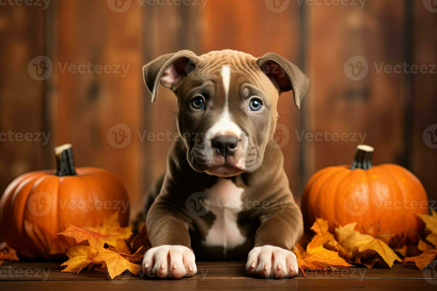 Cute little pit bull puppy between two orange pumpkins on a blurred wooden background. Thanksgiving or halloween concept photo