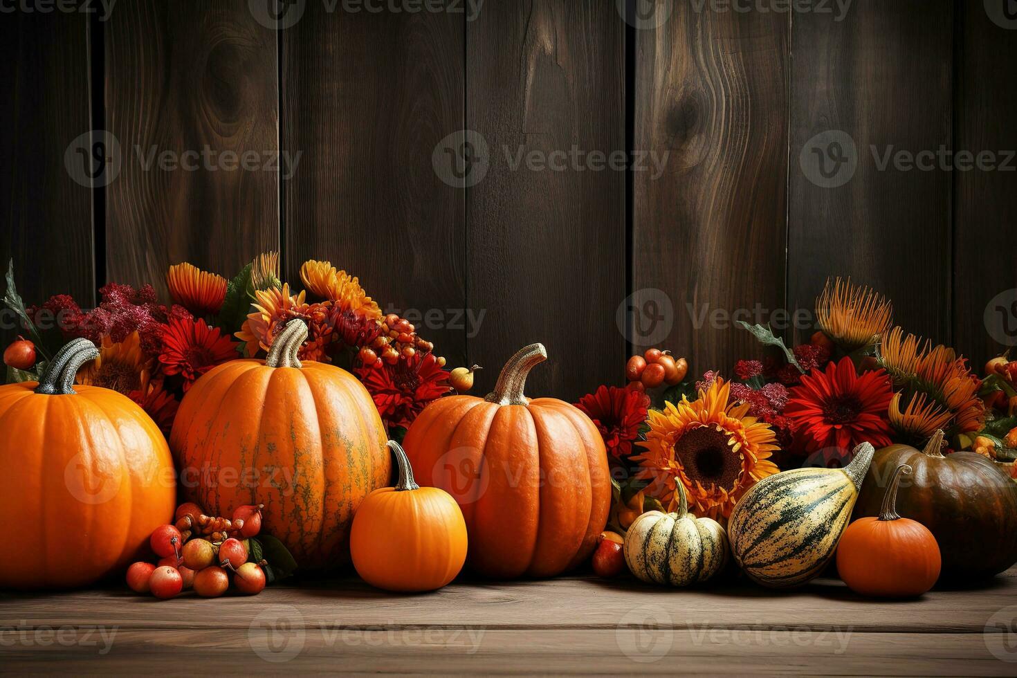 Ripe orange pumpkins lie in a pile near red sunflowers on a dark wooden surface. Thanksgiving, halloween background photo