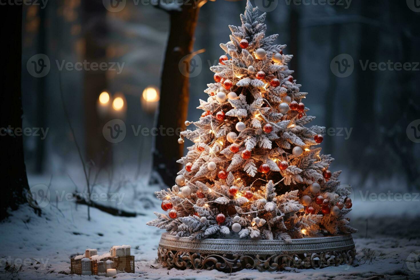 Beautifully decorated Christmas tree in a winter snowy evening forest photo